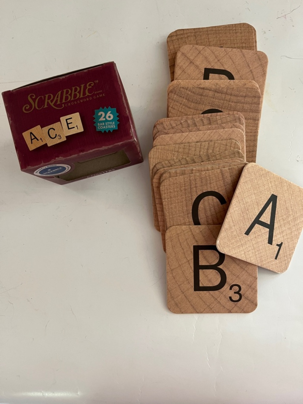 Scrabble Letter Wood-look fiber Coaster Set — Natural Wood Tone